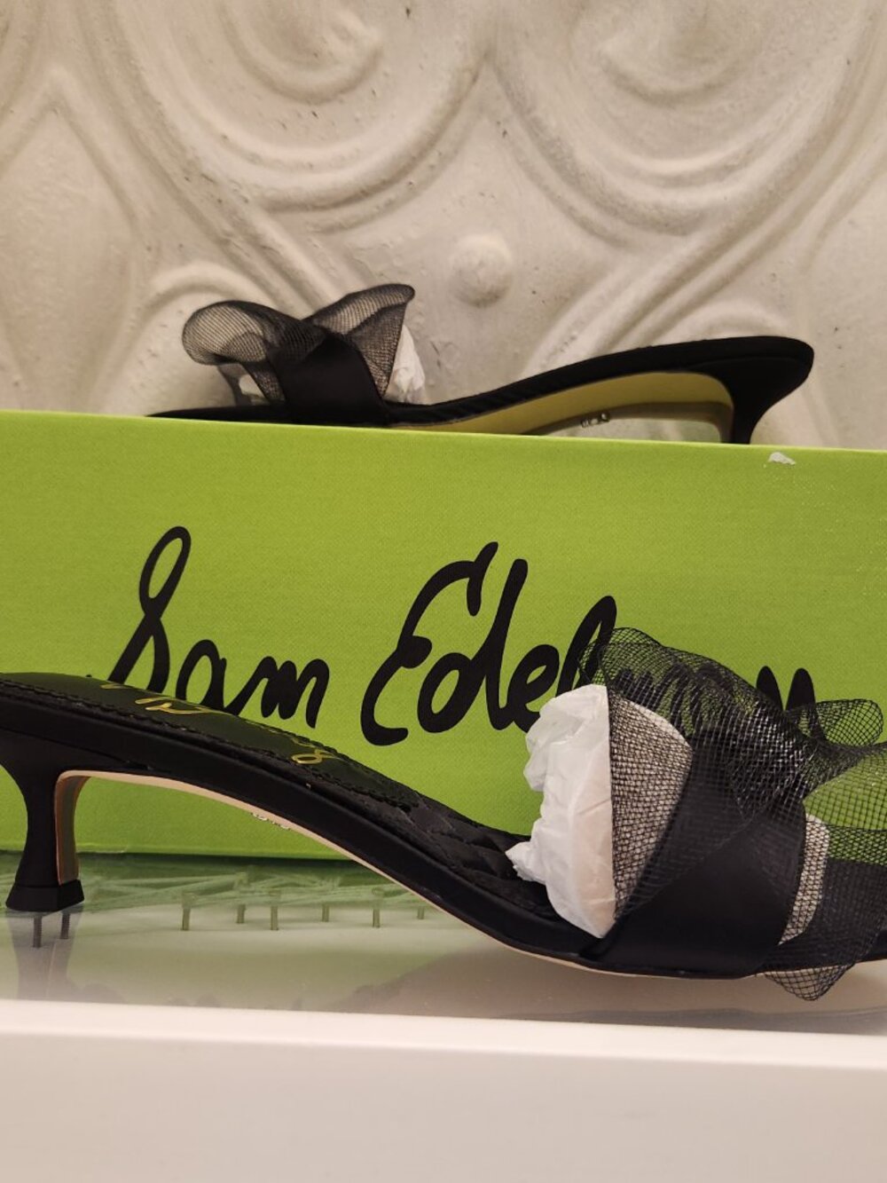Sam Edelman Black Sheer Bow Mule Sandals